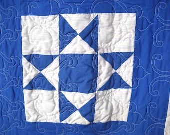 Ohio Star Queen Quilt: Blue & White Patchwork, Recycled Cotton