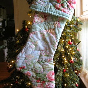 Christmas Stocking Vintage Patchwork Pink , Green with Roses Quilt Cottage Decor