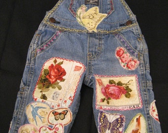 Denim Overalls Toddler Osh Kosh Baby Girl Embellished Patchwork Embroidery 6 mos Upcycled Overalls OOAK
