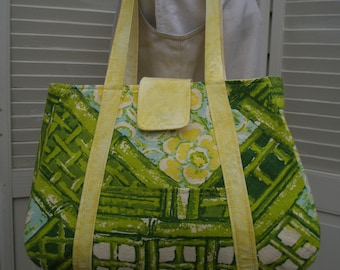 Vintage Barkcloth 1960's Spring Bag Bright Yellow & Green Market Bag Large Tote