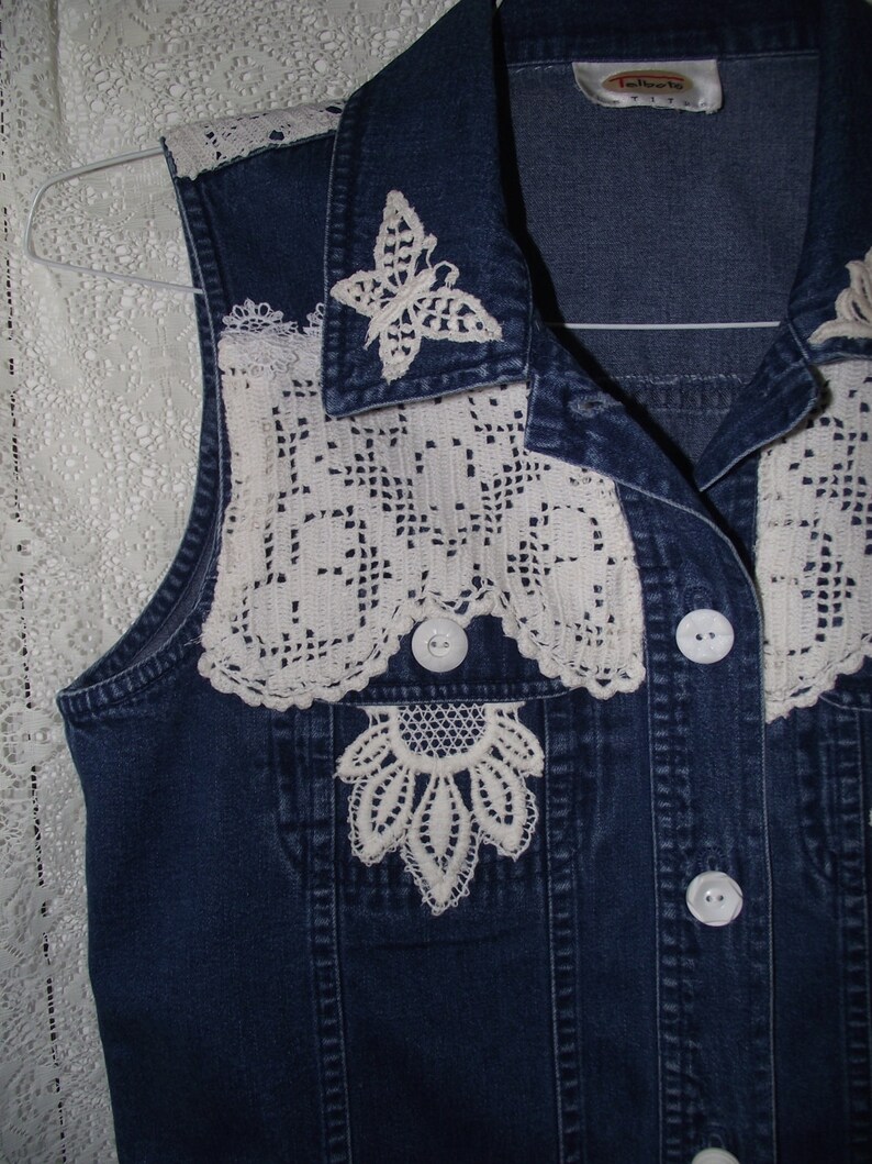 Embellished Denim Vest Vintage Lace Upcycled Ladies Denim Vest - Etsy