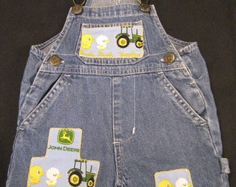 Denim Overalls John Deere Baby Duck Patchwork Embroidery 3-6 months Upcycled Overalls Gender Neutral OOAK