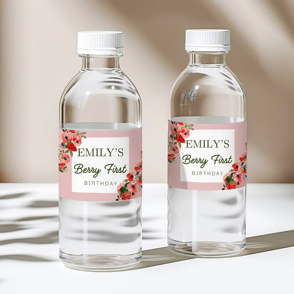 Berry First Birthday Party Printable Water Bottle Label | Dreamy Strawberry Evite 1st Bday Canva Template | Instant Download Theme: Emily