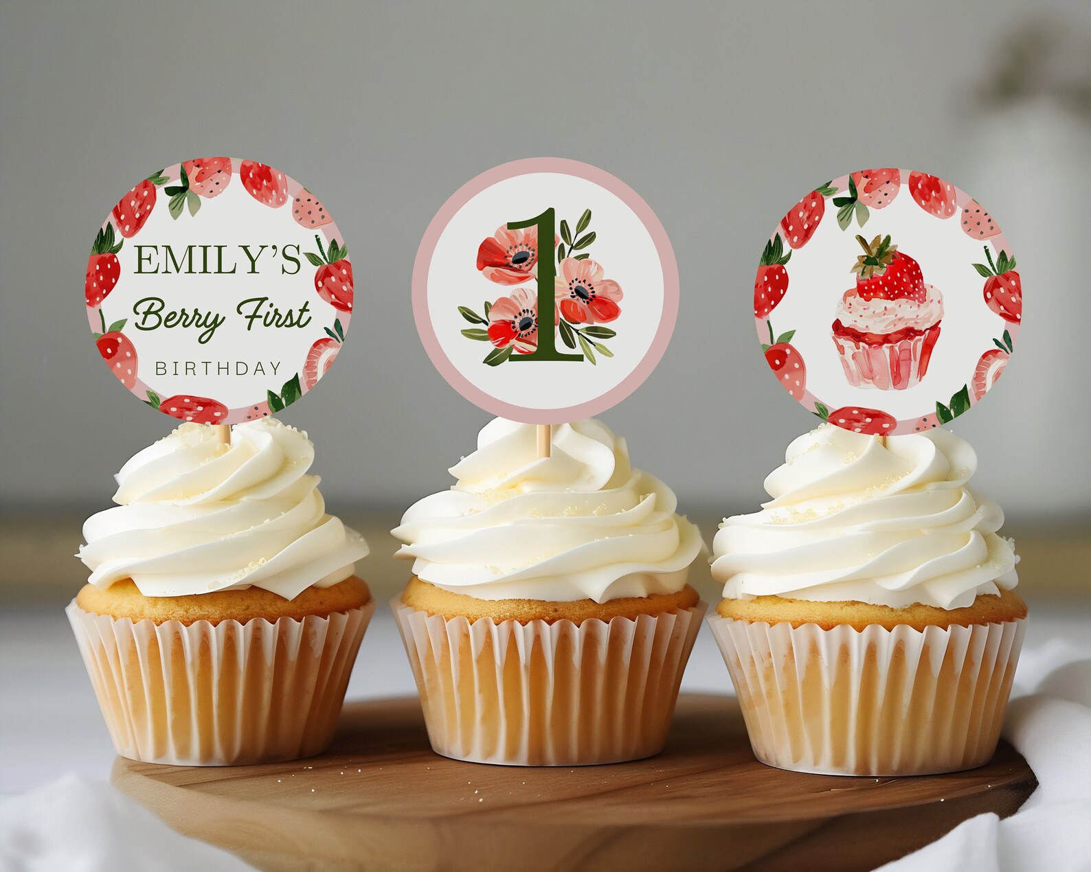 Berry First Birthday Printable Cupcake Toppers | Strawberry Evite 1st ...