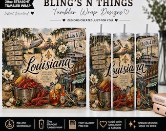 Louisiana Tumbler Wrap PNG | Cajun 4 Life 20oz Skinny Tumbler Sublimation | Bayou Louisiana Collage | Crawfish Boil Wrap | Digital Download