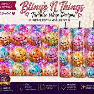 Könnte beinhalten: Ein digitales Design für eine 20oz gerade Tumbler-Hülle mit bunten, lächelnden Knödel-Charakteren. Das Design enthält den Text "Bling's N Things" und "Tumbler Wrap Designs". Das Bild enthält auch den Text "Sofort-Download" und "Hochwertige PNG-Datei".