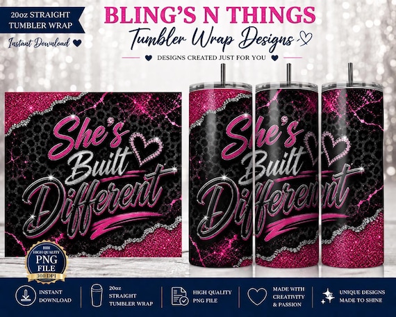She’s Built Different Tumbler Wrap PNG | Pink Glitter Leopard Print | 20oz Straight Skinny Tumbler Sublimation | Glam Boss Babe Download