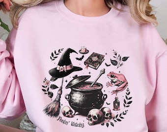 Retro Halloween-sweater, roze Halloween-sweater, pastel halloween-shirt, Feeling Witchy-shirt, trendy Y2k Halloween-ronde hals