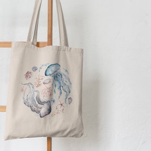 Aquarell Qualle Druck Leinen Tragetasche | Minimalistische stilvolle Schultertasche Wiederverwendbare Einkaufstasche | Kleine Sommerhandtaschen für Frauen Männer