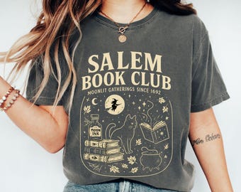 Chemise d'Halloween vintage du club de lecture de Salem | Chemise d'Halloween sorcière pour les amateurs de lecture | Chemise d'automne sombre Academia | Chemise sorcière Salem pour femme