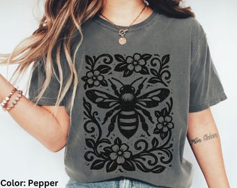 Camiseta con estampado de abeja en linóleo / Camiseta estilo cottagecore con estampado de abeja en linóleo / Camiseta gráfica de naturaleza / Regalo para amantes de las abejas