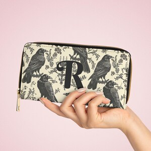 Personalisierte Geldbörse für Frauen, viktorianischer Rabe, individueller Name Vegan Leder Geldbörse, Gothic personalisierte Reißverschluss Geldbörse, individuelles Geschenk für Sie