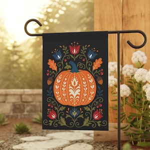 Scandinavian Folk Art Pumpkin Garden Flag | Swedish Folk Art Fall Yard Flag | Vintage Botanical Thanksgiving House Flag | Fall Garden Decor