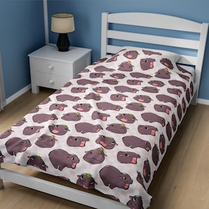 Moo Deng Blanket | Moodeng Velveteen Plush Blanket | Baby Hippo Bed Throw | Pygmy Hippo Cute Blankie | Moo Deng Gift