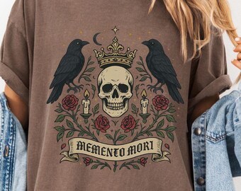 Memento Mori Goth T-Shirt: Skull & Roses, Dark Academia Raven Design