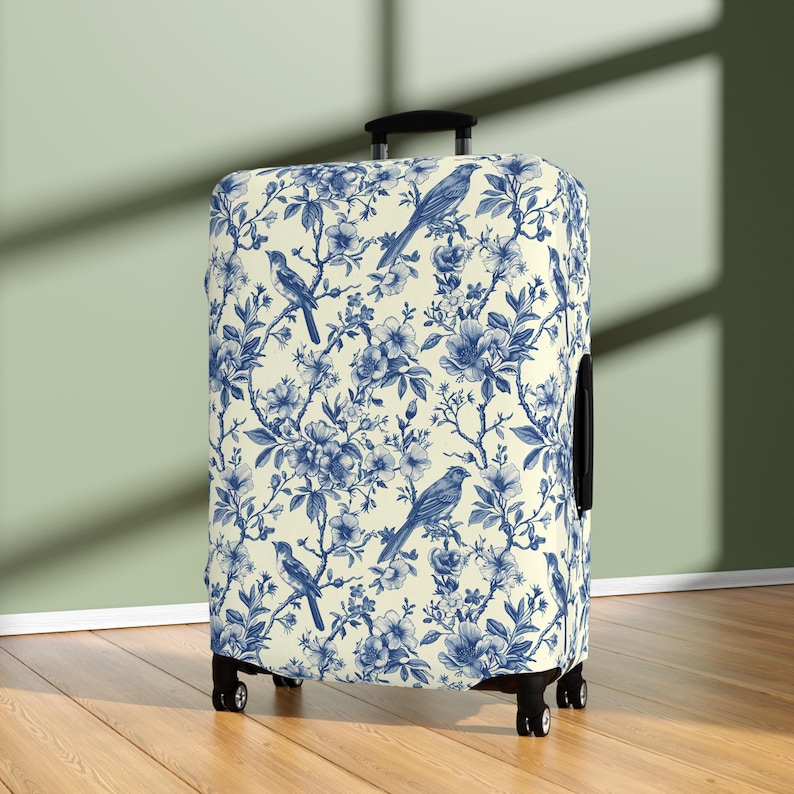 Toile de Jouy Suitcase Cover | Vintage Floral Luggage Cover | Elegant Suitcase Sleeve | Boho Luggage Protector | Blue Suitcase Protector