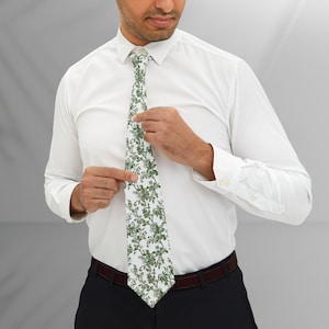 Sage Green Floral Tie | Toile de Jouy Wedding Tie | Chinoiserie Groom Tie | Stylish Groomsmen Neckties | Elegant Bestman Tie | Groom Gifts