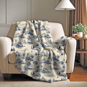 French Countryside Blanket | Toile de Jouy Couch Throw Blanket | French Toile Soft Blanket | Blue Toile Velveteen Blanket | Houswarming Gift