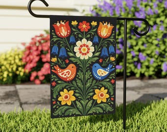 Bandera de jardín de primavera de arte popular escandinavo / Bandera de jardín con pájaros y flores / Letrero de jardín de arte popular sueco