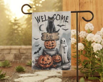 Halloween Garden Flag, Welcome Garden Sign, Fall Yard Flag, Halloween House Banner, Black Cat House Flag, Halloween Outdoor Porch Decor