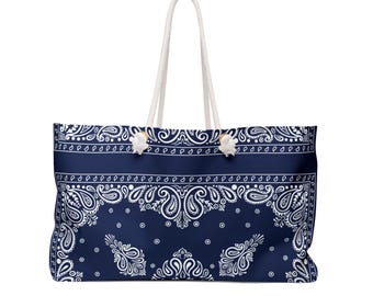 Bolso de mano con bandana azul / Bolso de fin de semana bohemio con estampado de cachemira / Bolso de playa grande / Bolso de viaje estilo años 90