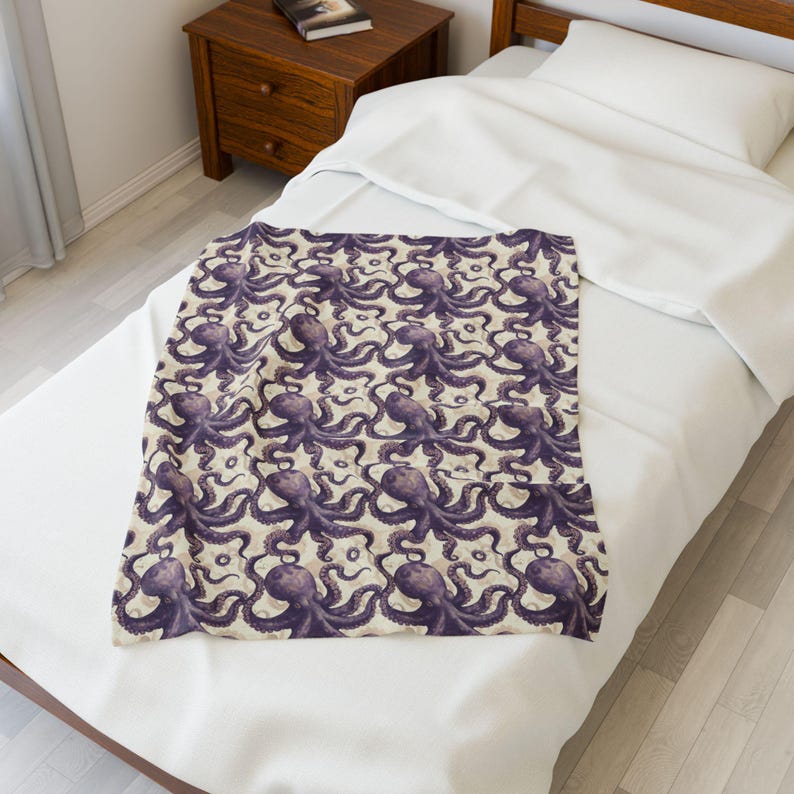 Vintage Octopus Blanket | Octopus Couch Throw Blanket | Marine Life Soft Blanket, Ocean Life Velveteen Blanket, Octopus Gift for Ocean Lover