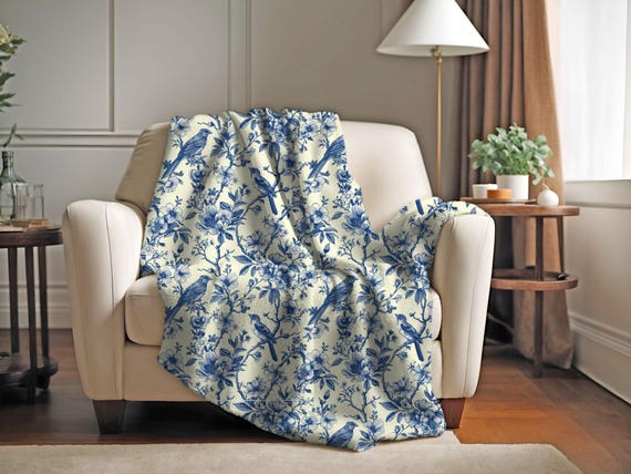 French Toile de Jouy Throw Blanket | Blue Throw Blanket | French Aesthetic Blanket | French Decor Couch Throw | Floral Blanket | French Gift