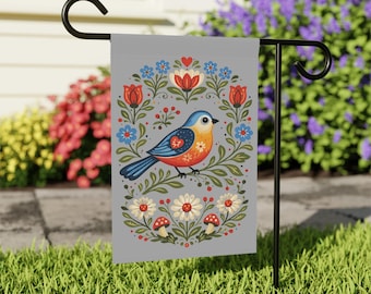 Bandera de jardín con pájaros de primavera / Bandera de jardín de arte popular escandinavo / Bandera de casa de Hola Primavera / Decoración de jardín de primavera