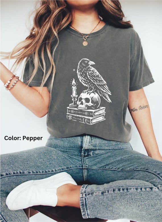Dark Academia Raven Shirt | Edgar Allan Poe Raven and Skull T Shirt | Gothic Graphic T-Shirt | Comfort Colors® Goth Shirt
