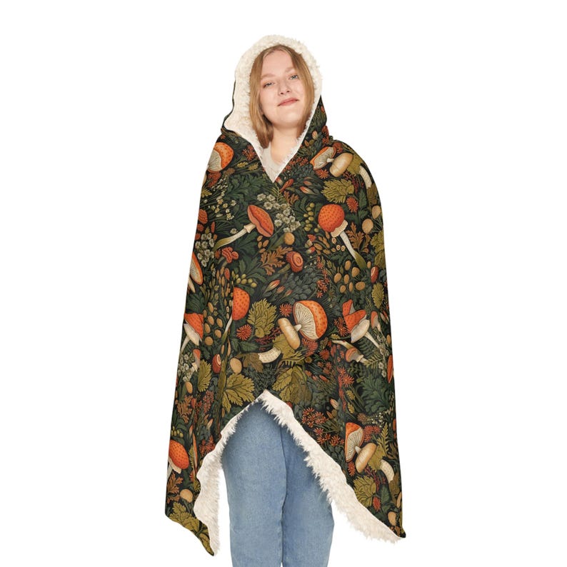 Mushroom Blanket | Cottagecore Hooded Blanket | Wearable Blanket for Readers | Cute Snuggle Blanket | Cozy Sherpa Blanket | Mushroom Gift