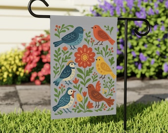 Bandera de jardín de primavera con pájaros de arte popular escandinavo / Bandera de jardín de bienvenida con pájaros de primavera / Decoración de jardín de primavera / Regalo para amantes de las aves