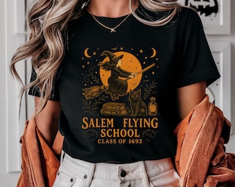 Chemise d'Halloween sorcière pour femme, chemise école de pilotage Salem, T-shirt saison effrayante Halloween vintage, chemise sorcière Salem | Chemise sorcière Salem