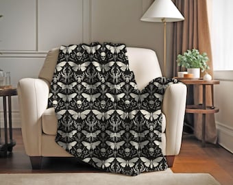 Gothic Moth Couch Throw Blanket| Goth Home Decor Moth Blanket | Dark Academia Throw Blanket Couch | Halloween Home Decor Skull Blanket