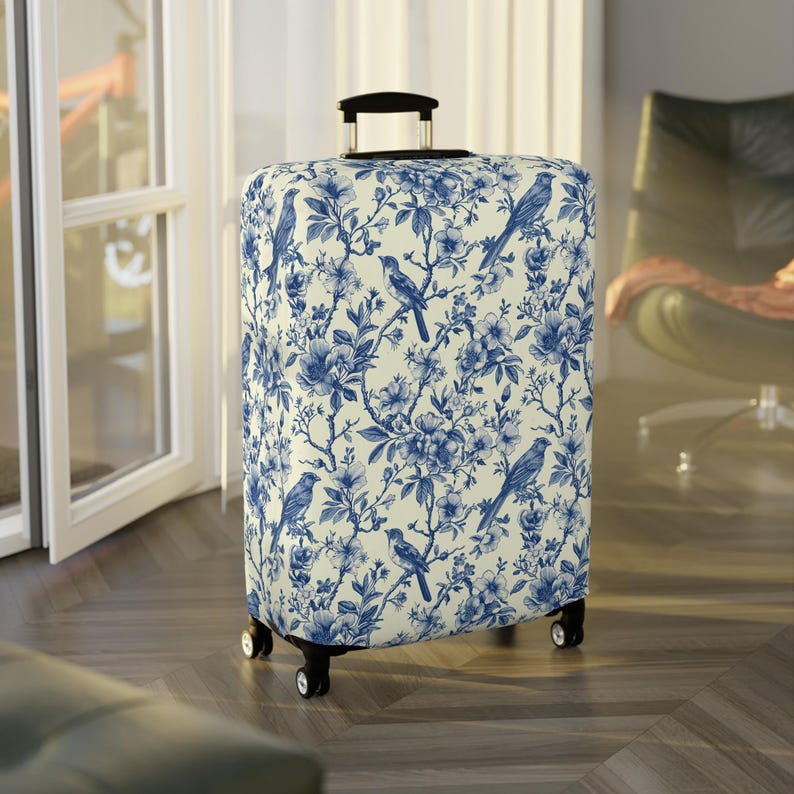 Toile de Jouy Suitcase Cover | Vintage Floral Luggage Cover | Elegant Suitcase Sleeve | Boho Luggage Protector | Blue Suitcase Protector