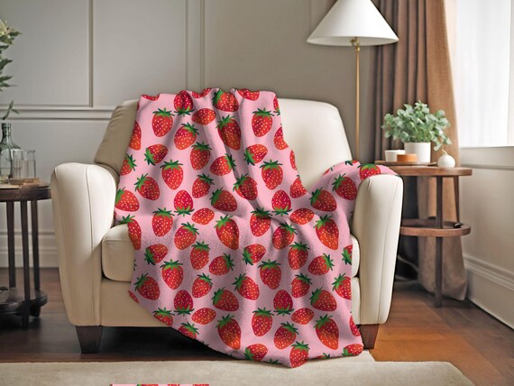 Strawberry Blanket | Pink Throw Blanket | Coquette Couch Throw | Cute Velveteen Blanket | Strawberry Minky Blanket | Strawberry Gift