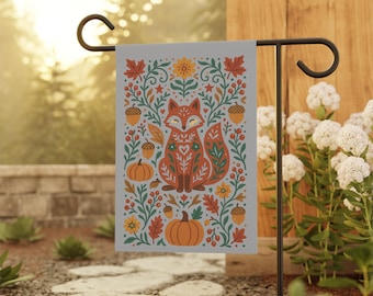 Herbst Garten Flagge | Folk Art Fuchs Gartenschild | Saisonaler Herbst Hoffahne | Folk Art Herbst Flagge | Herbst Veranda Dekor | Vintage Fuchs Garten Girlande