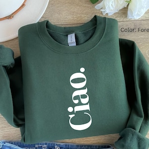 Ciao Minimalist Sweatshirt | Italian Hello Graphic Crewneck | Neutral Unisex Pullover | Trendy Top for Men and Women | Travel Sweatshirt