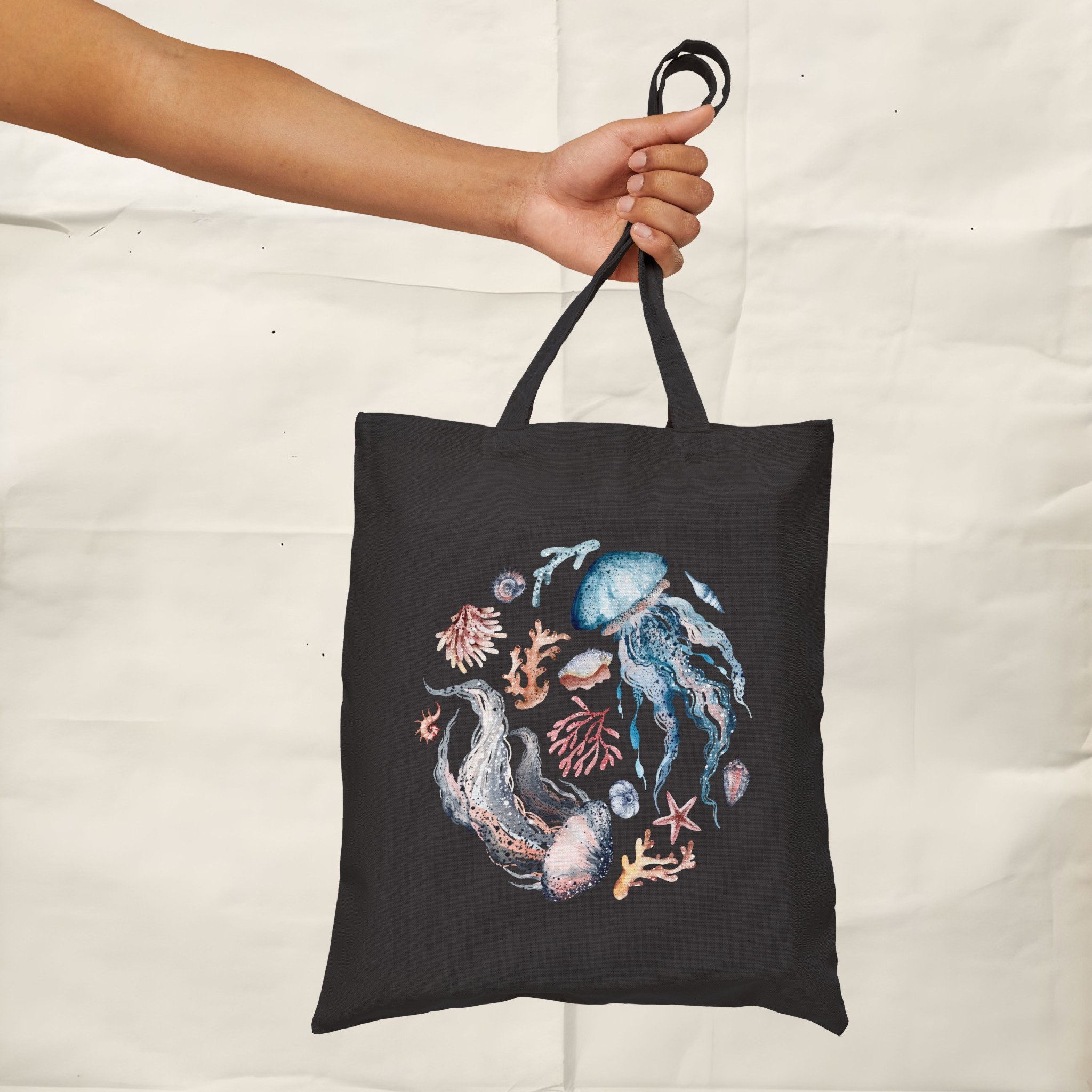 LUVADIAN Watercolor Jellyfish Canvas Tote Bag – Reusable Grocery Bag, Eco-Friendly Beach Tote With Inner Pocket