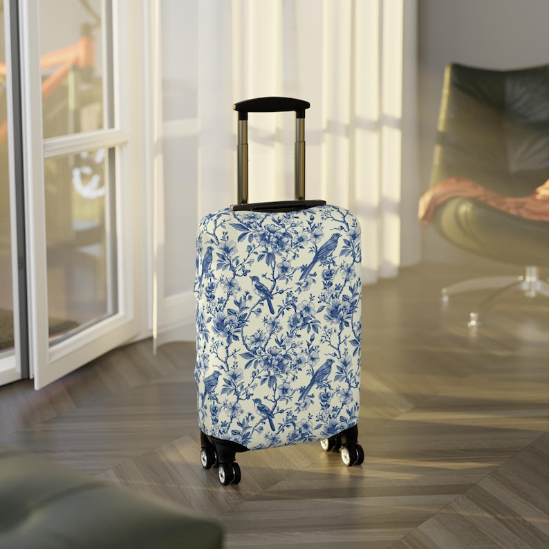 Toile de Jouy Suitcase Cover | Vintage Floral Luggage Cover | Elegant Suitcase Sleeve | Boho Luggage Protector | Blue Suitcase Protector
