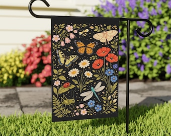 Bandera de jardín de primavera con flores silvestres e insectos / Bandera de jardín natural / Letrero de jardín "Hola primavera"