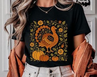 Floral Turkey Thanksgiving T-Shirt: Boho Cottagecore Fall Tee