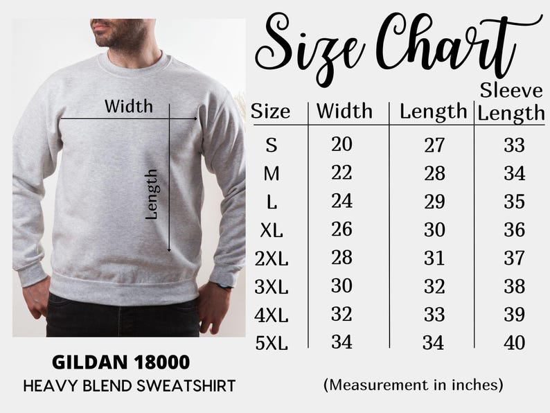 K&ouml;nnte beinhalten: Hellgraues Gildan 18000 Heavy Blend Sweatshirt mit Gr&ouml;&szlig;entabelle. Die Tabelle zeigt Ma&szlig;e in Zoll, mit Gr&ouml;&szlig;en von S bis 5XL. Breiten reichen von 50,8 cm bis 86,36 cm.