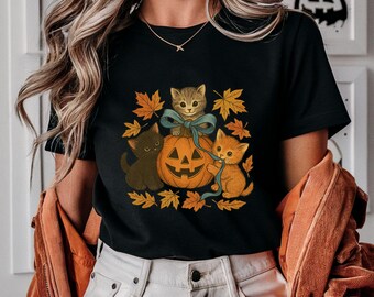 vintage chat d'Halloween | Chemise chat noire Spooky Season | Chemise d'automne Jack o Lantern | Chemise d'Halloween coquette | Chemise citrouille rétro