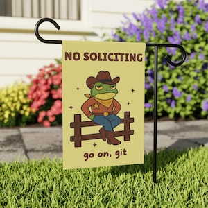 Funny No Soliciting Garden Flag | Humorous No Soliciting Sign | Funny Go Away Yard Flag | Frog Garden Flag | Gift for New Homeowner