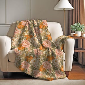 Manta victoriana con diseño de calabaza / Manta vintage para sofá de otoño / Manta otoñal inspirada en William Morris / Manta suave con estampado floral
