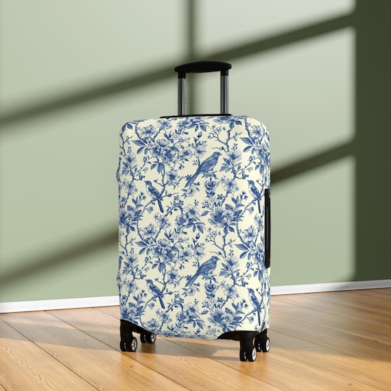 Toile de Jouy Suitcase Cover | Vintage Floral Luggage Cover | Elegant Suitcase Sleeve | Boho Luggage Protector | Blue Suitcase Protector