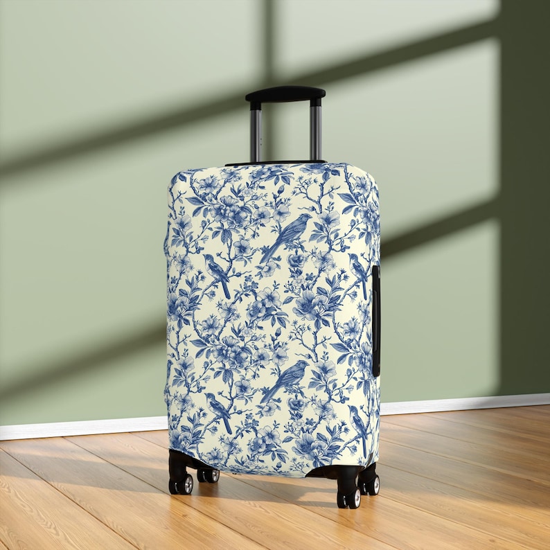Toile de Jouy Suitcase Cover | Vintage Floral Luggage Cover | Elegant Suitcase Sleeve | Boho Luggage Protector | Blue Suitcase Protector
