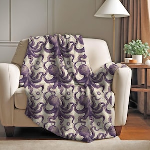 Vintage Octopus Blanket | Octopus Couch Throw Blanket | Marine Life Soft Blanket, Ocean Life Velveteen Blanket, Octopus Gift for Ocean Lover