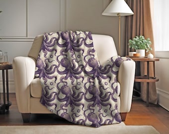 Manta vintage de pulpo, manta de sofá con pulpo, manta suave con temática marina, manta de terciopelo con temática oceánica, regalo de pulpo para amantes del océano.