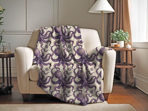 Vintage Octopus Blanket | Octopus Couch Throw Blanket | Marine Life Soft Blanket, Ocean Life Velveteen Blanket, Octopus Gift for Ocean Lover